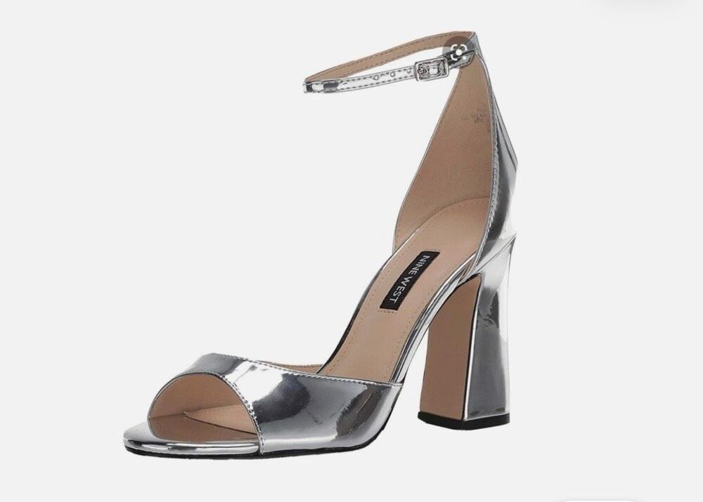 Nine West Gavyn silver mirror metallic heeled sandals with chunky square heel -